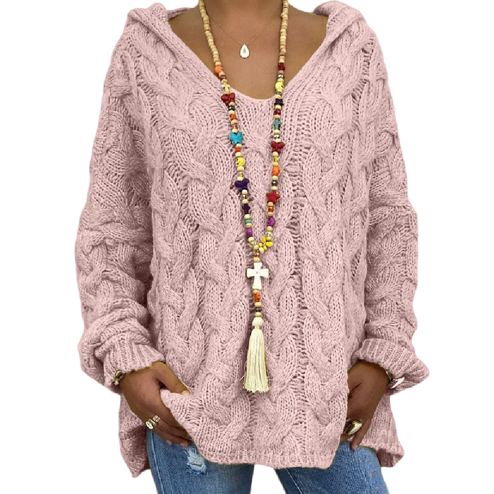 Women's Twist Knit Hoodie Sweater Pullover V Neck Knit Sweatshirt