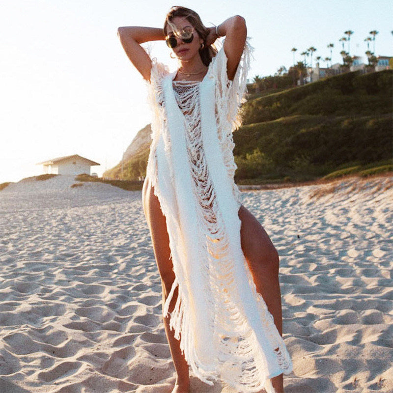 Knitted Fringed Beach Hollow  Seaside Holiday Cover Up Maxi Dress