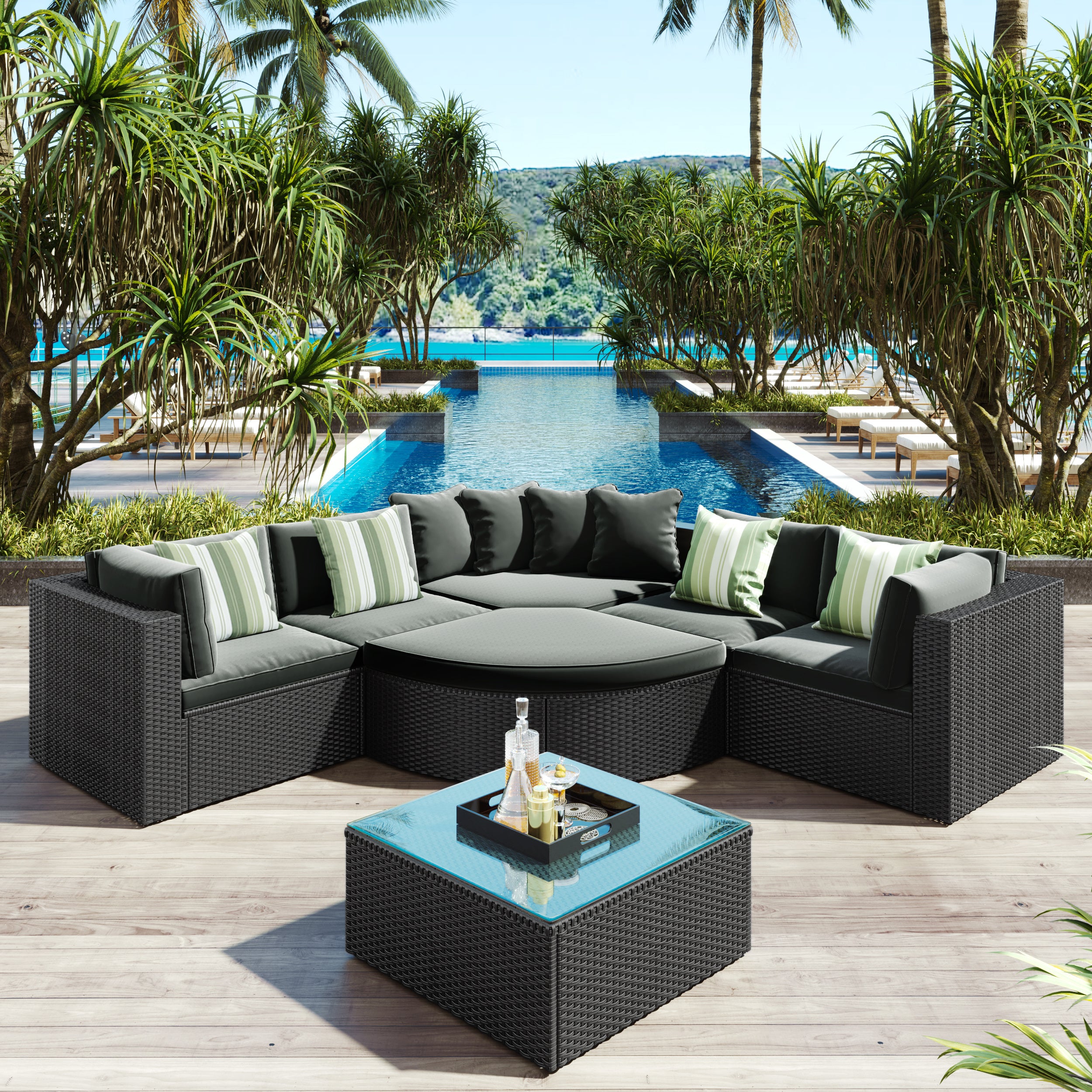 7-piece Outdoor Wicker Sofa Set; Rattan Sofa Lounger; With Striped Green Pillows; Conversation Sofa; For Patio; Garden; Deck; Black Wicker; Gray Cushion