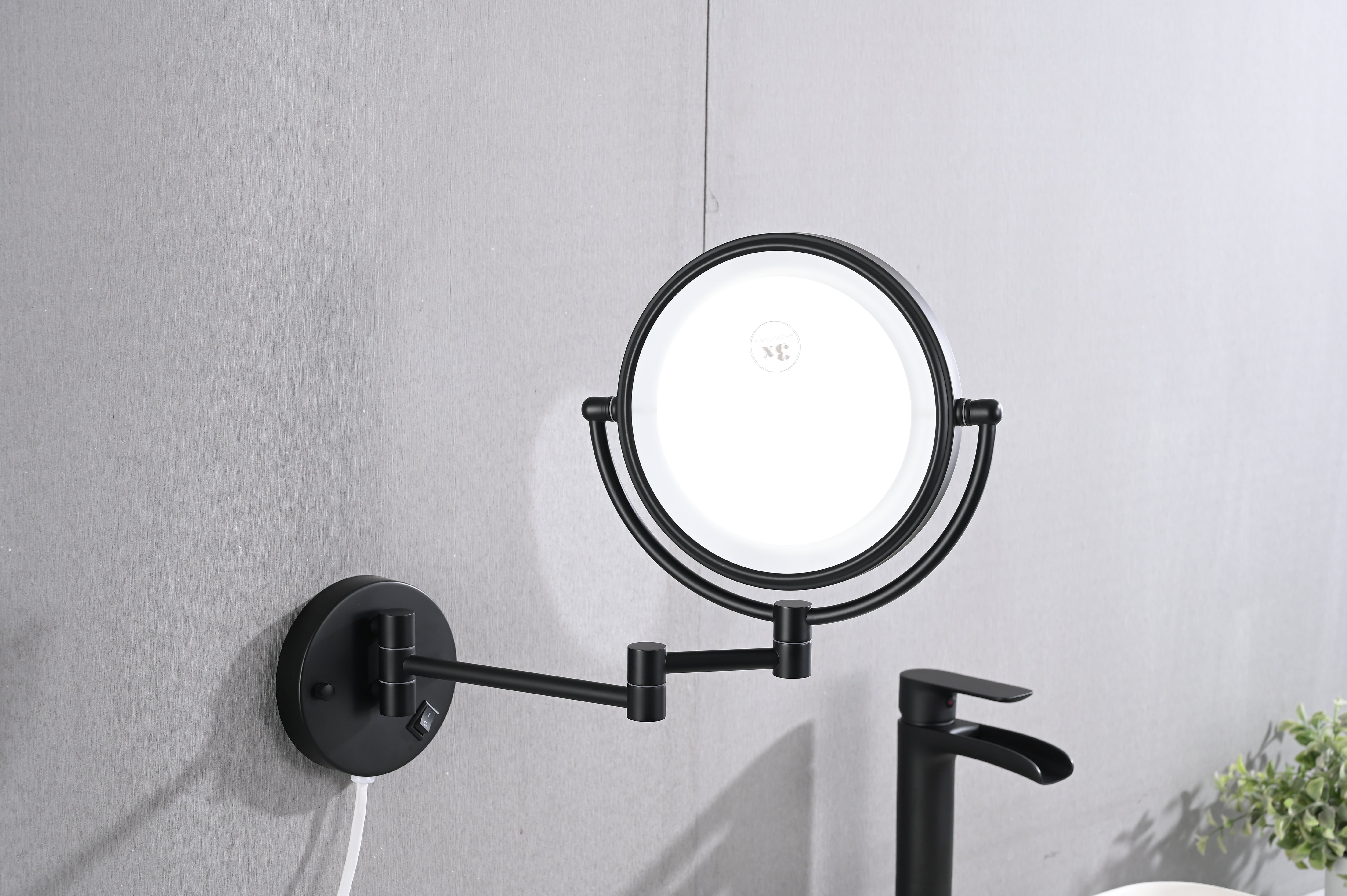 8 Inch LED Wall Mount Two-Sided Magnifying Makeup Vanity Mirror  Extension Finish 1X/3X Magnification Plug 360 Degree Rotation Waterproof Button Shaving Mirror