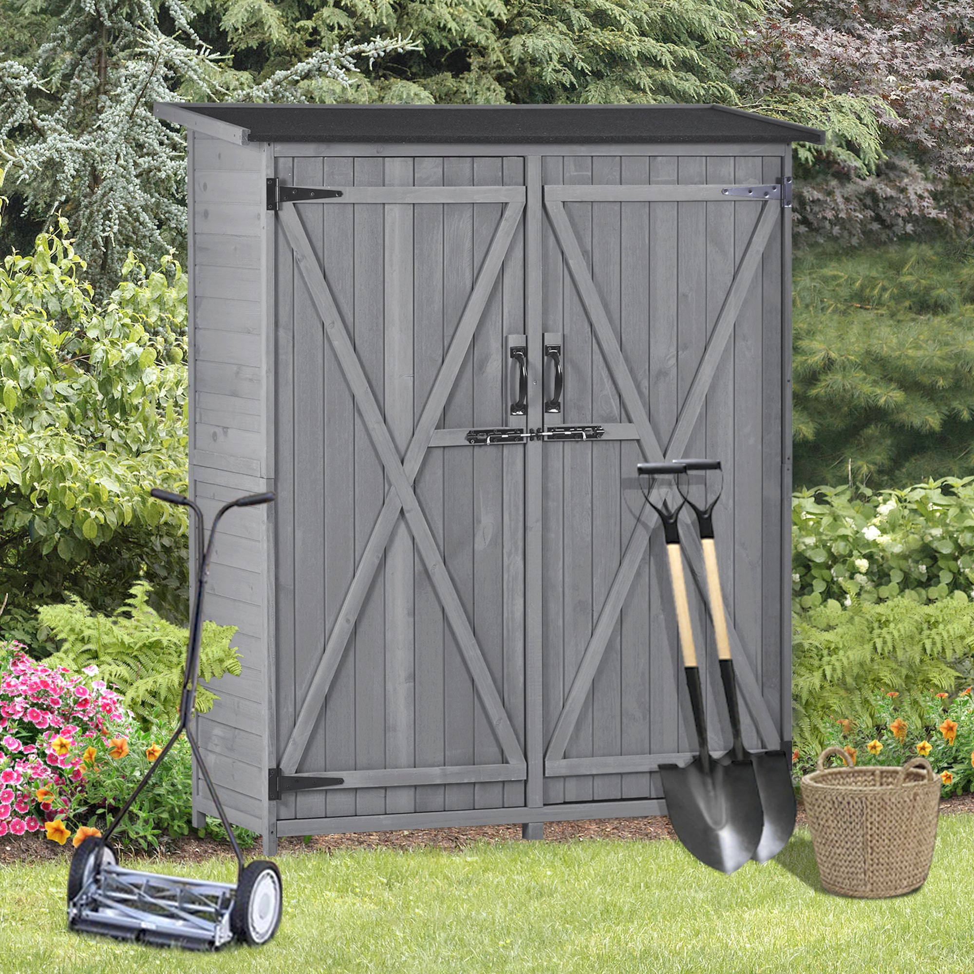 Outdoor 5.3ft Hx4.6ft L Wood Storage Shed Tool Organizer; Garden Shed; Storage Cabinet with Waterproof Asphalt Roof; Double Lockable Doors; 3-tier Shelves for Backyard