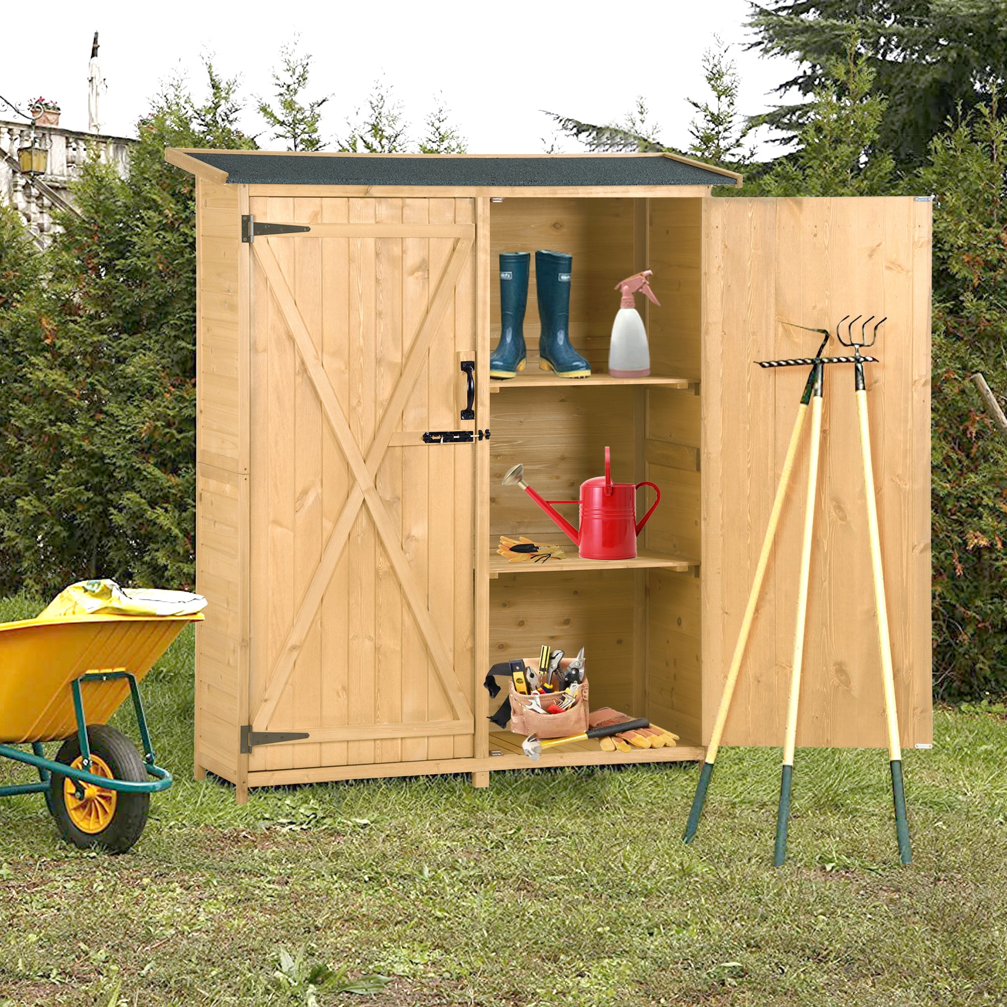 Outdoor 5.3ft Hx4.6ft L Wood Storage Shed Tool Organizer; Garden Shed; Storage Cabinet with Waterproof Asphalt Roof; Double Lockable Doors; 3-tier Shelves for Backyard