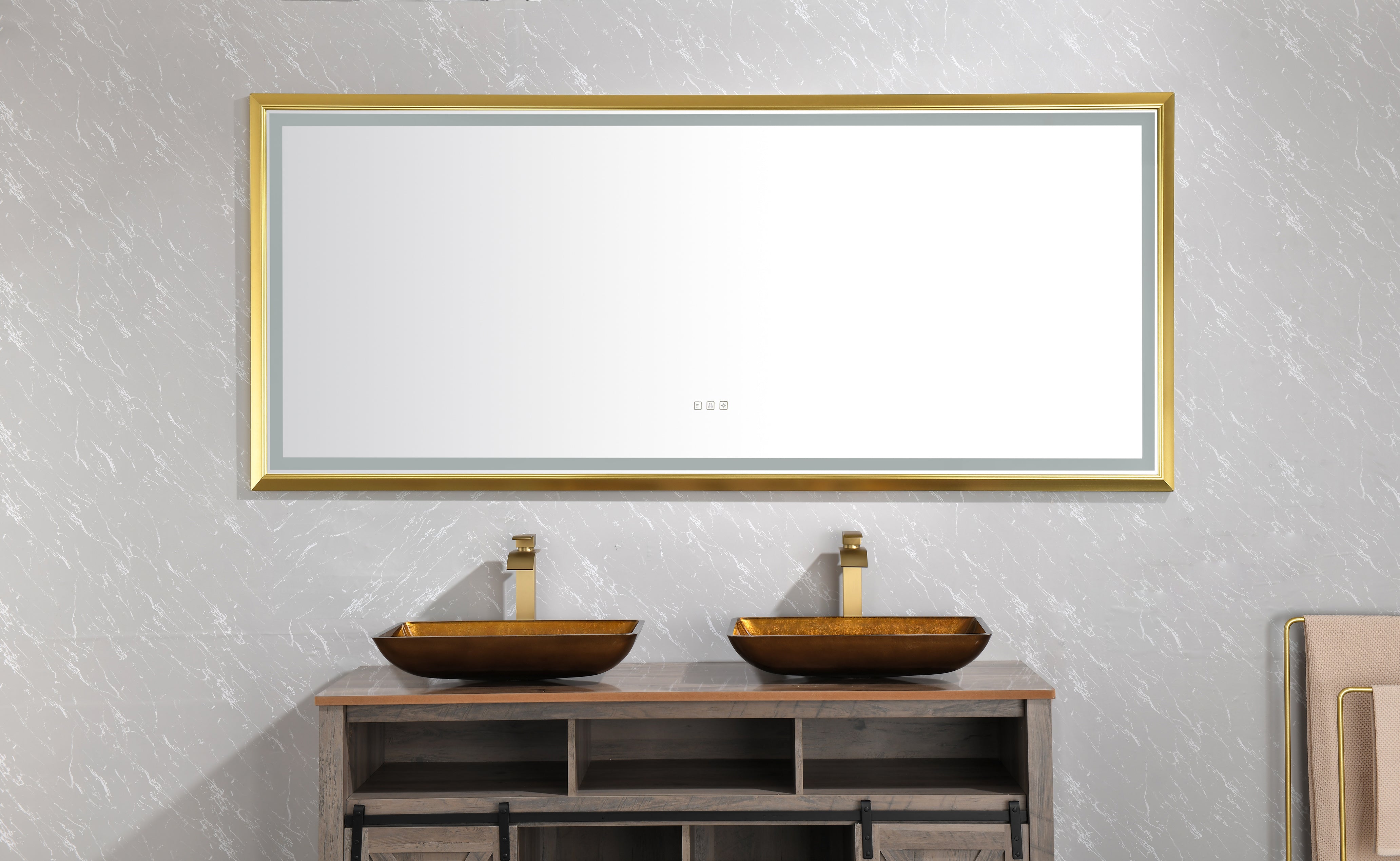 (ONLY FOR PICKUP) 88 in. W x 38 in. H Oversized Rectangular Gold Framed LED Mirror Anti-Fog Dimmable Wall Mount Bathroom Vanity Mirror HD Wall Mirror Kit For Gym And Dance Studio