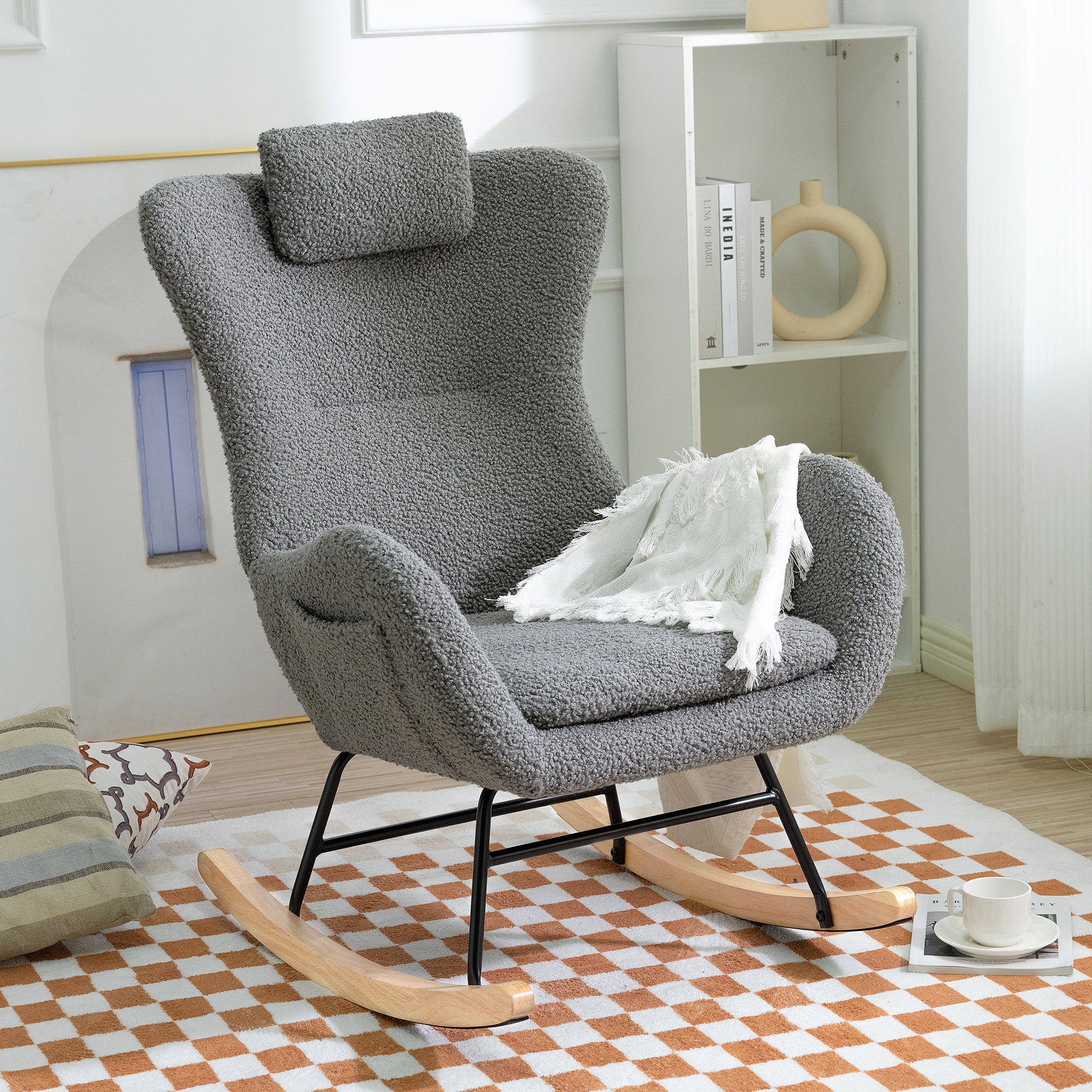 Rocking Chair - with rubber leg and cashmere fabric;  suitable for living room and bedroom