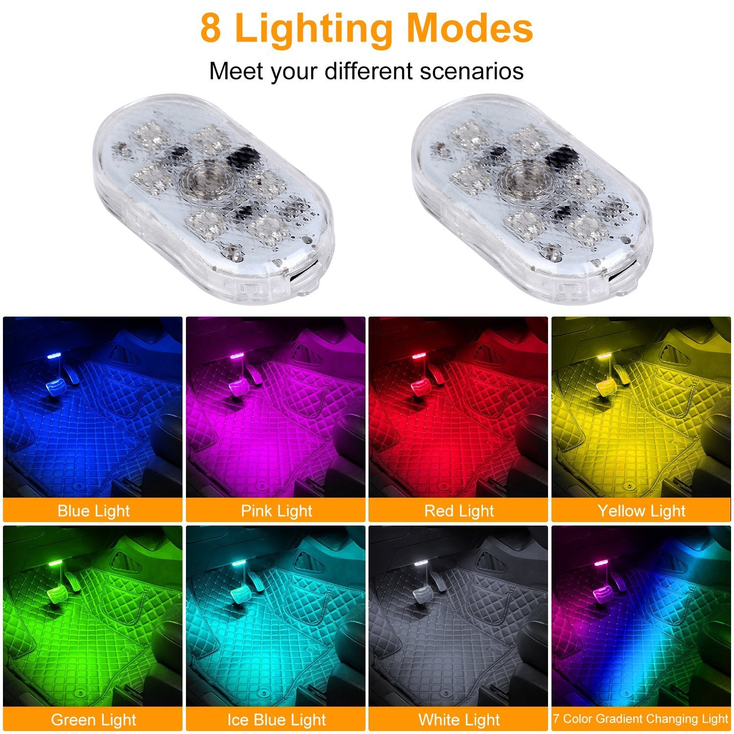 4Pcs Cordless Car Interior Light USB Rechargeable Magnetic Atmosphere Light 8 Lighting Mode Ambient Night Lamp