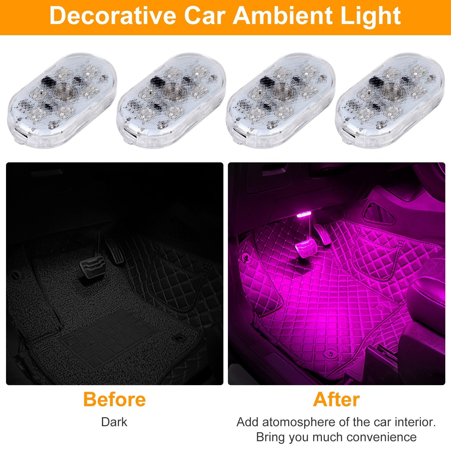 4Pcs Cordless Car Interior Light USB Rechargeable Magnetic Atmosphere Light 8 Lighting Mode Ambient Night Lamp