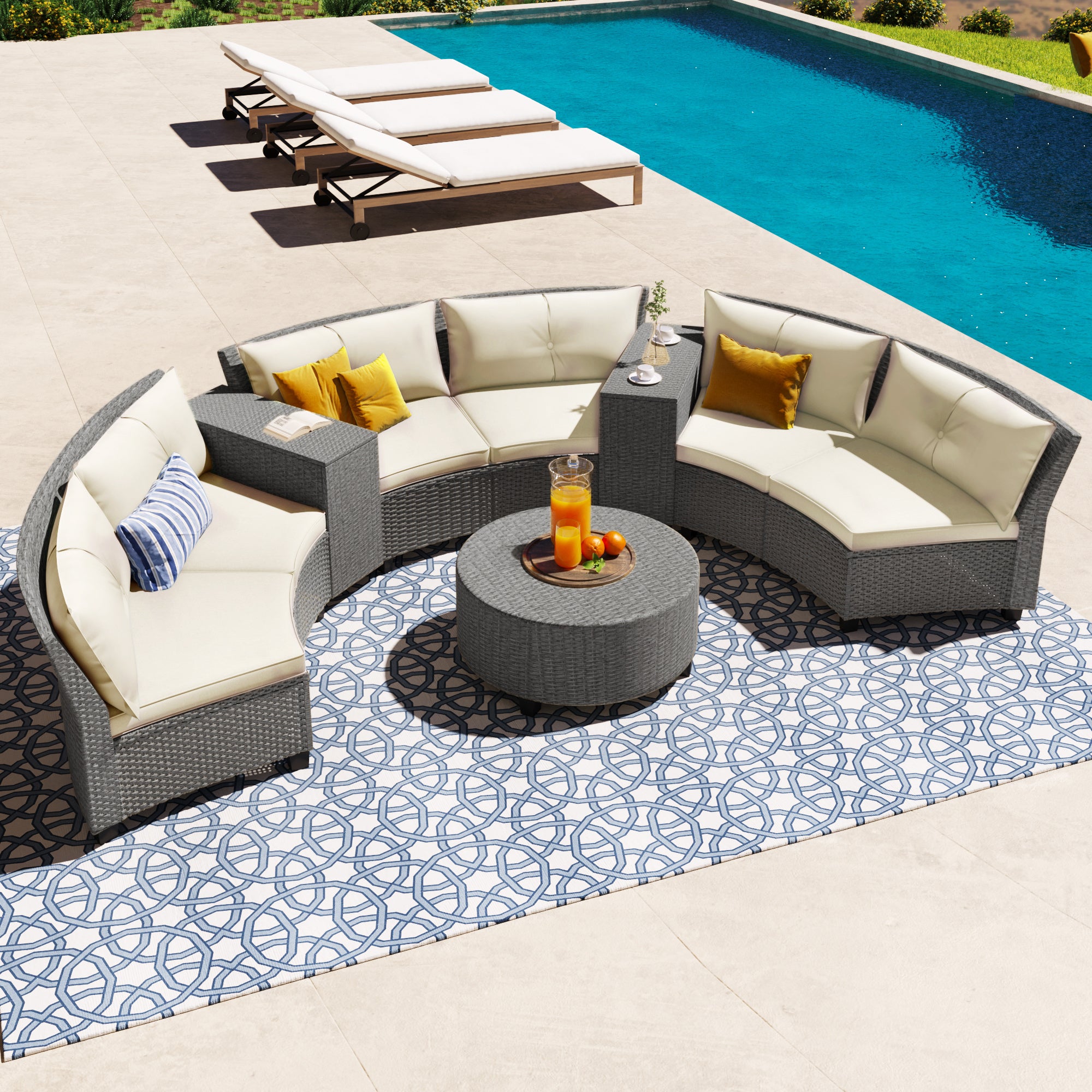 [VIDEO provided] 6 - Person Fan-shaped Rattan Suit Combination with Cushions and Table,Suitable for Garden