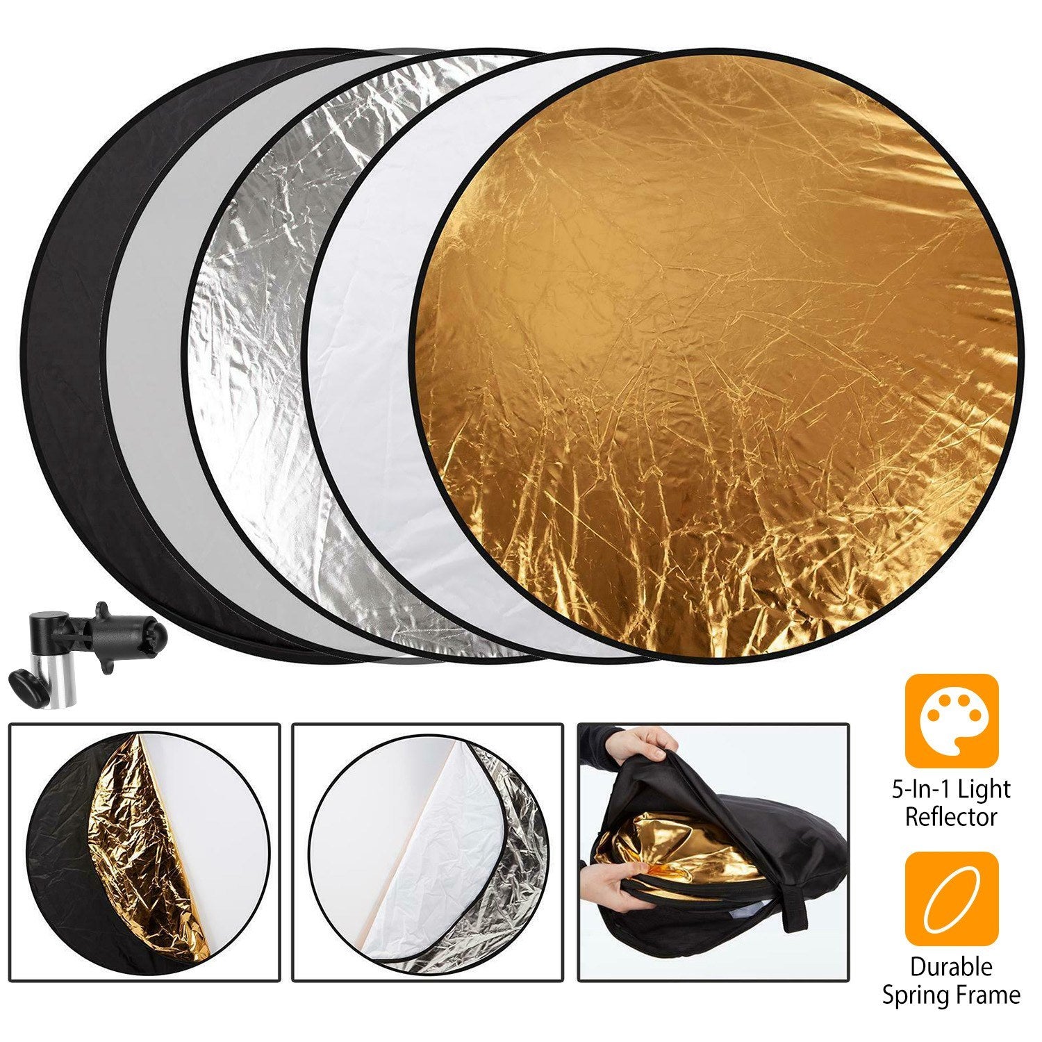 5 In 1 Photography Round Light Reflector Collapsible Multi Disc Light Diffuser w/ Storage Bag Translucent Silver Gold White Black 5 Colors Reflector D
