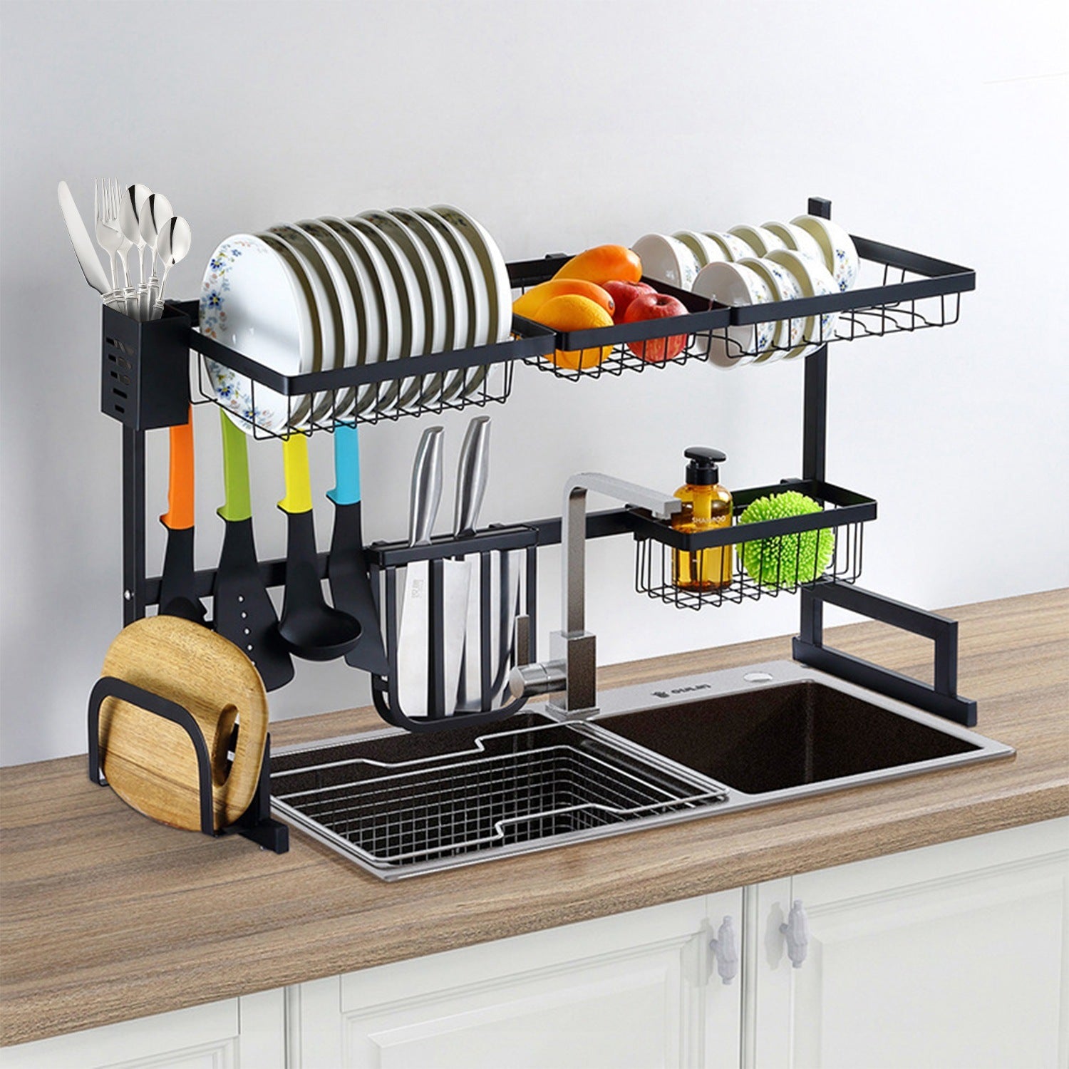 2-Tier Over the Sink Dish Drying Rack Drainer Utensil Organizer Holder Tableware Organizer Large Dish Rack for Kitchen Countertop Stainless Steel 33.7in