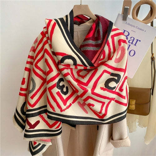 Winter Cashmere Scarf for Women Shawl Luxury Warm Print Thick Blanket