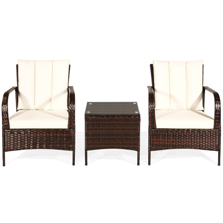 3 Pieces Patio Rattan Conversation Set with Glass Top Coffee Table and Cushions