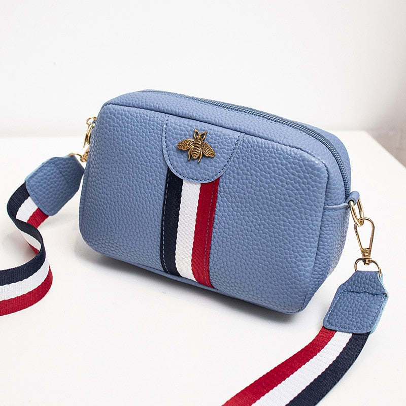 Women's Bee Shoulder/Crossbody Bag Leather Phone Bags Stripe Zipper Fashion Belt Wholesale 2024 Girls Mini Purse