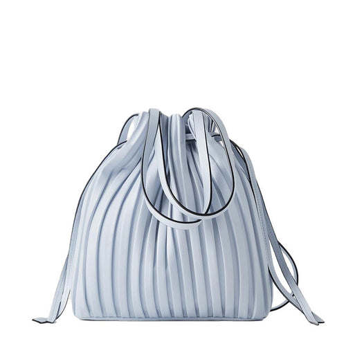 FUNMARDI Brand Design PU Leather Shoulder Bag Pleated Stripe Bucket