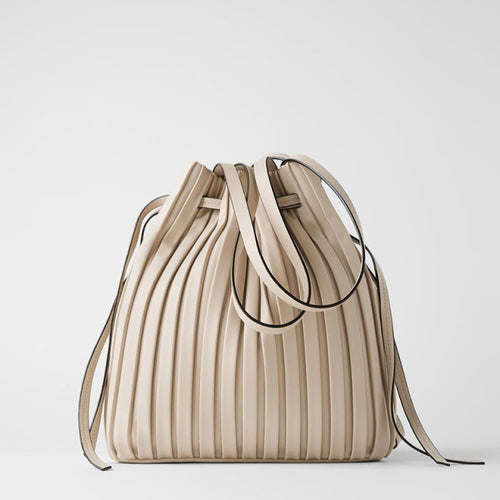 FUNMARDI Brand Design PU Leather Shoulder Bag Pleated Stripe Bucket