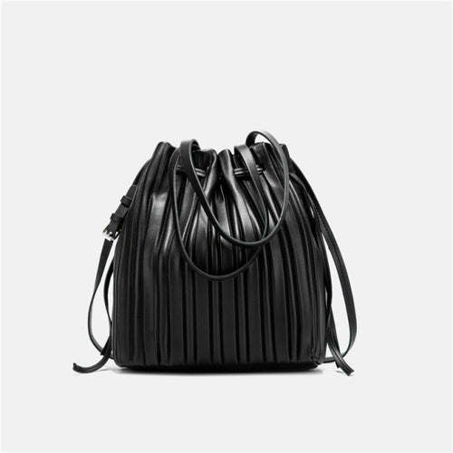 FUNMARDI Brand Design PU Leather Shoulder Bag Pleated Stripe Bucket