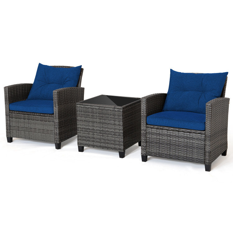 3 Pieces Outdoor Wicker Conversation Set with Tempered Glass Tabletop