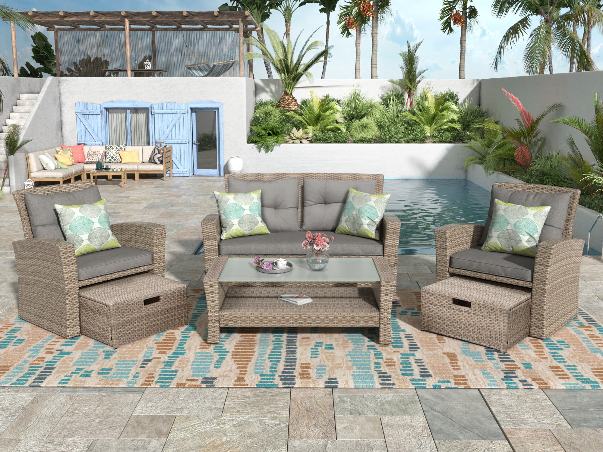 Patio Furniture Set;  4 Piece Outdoor Conversation Set All Weather Wicker Sectional Sofa with Ottoman and Cushions