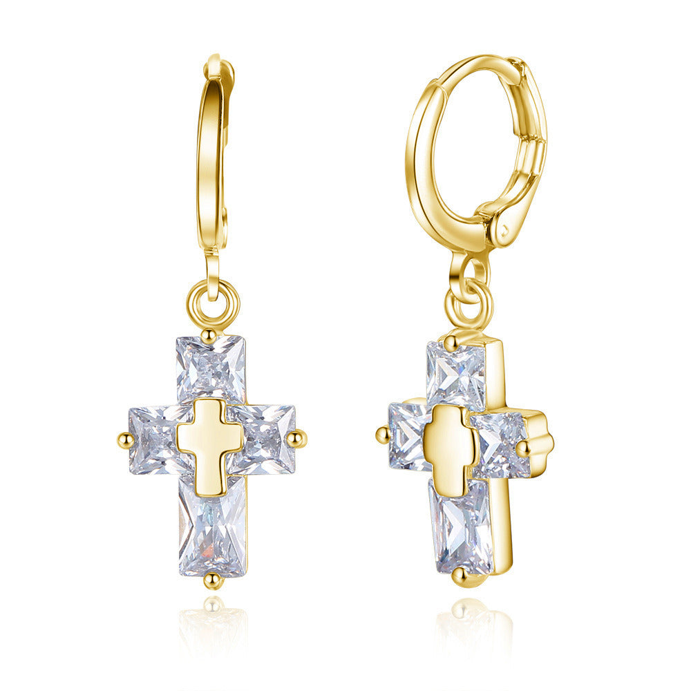 Aesthetic Zircon Cross Earrings Rose Golden Zircon Crucifix Earrings for Woman Eardrop Jewelry Wholesale Earring