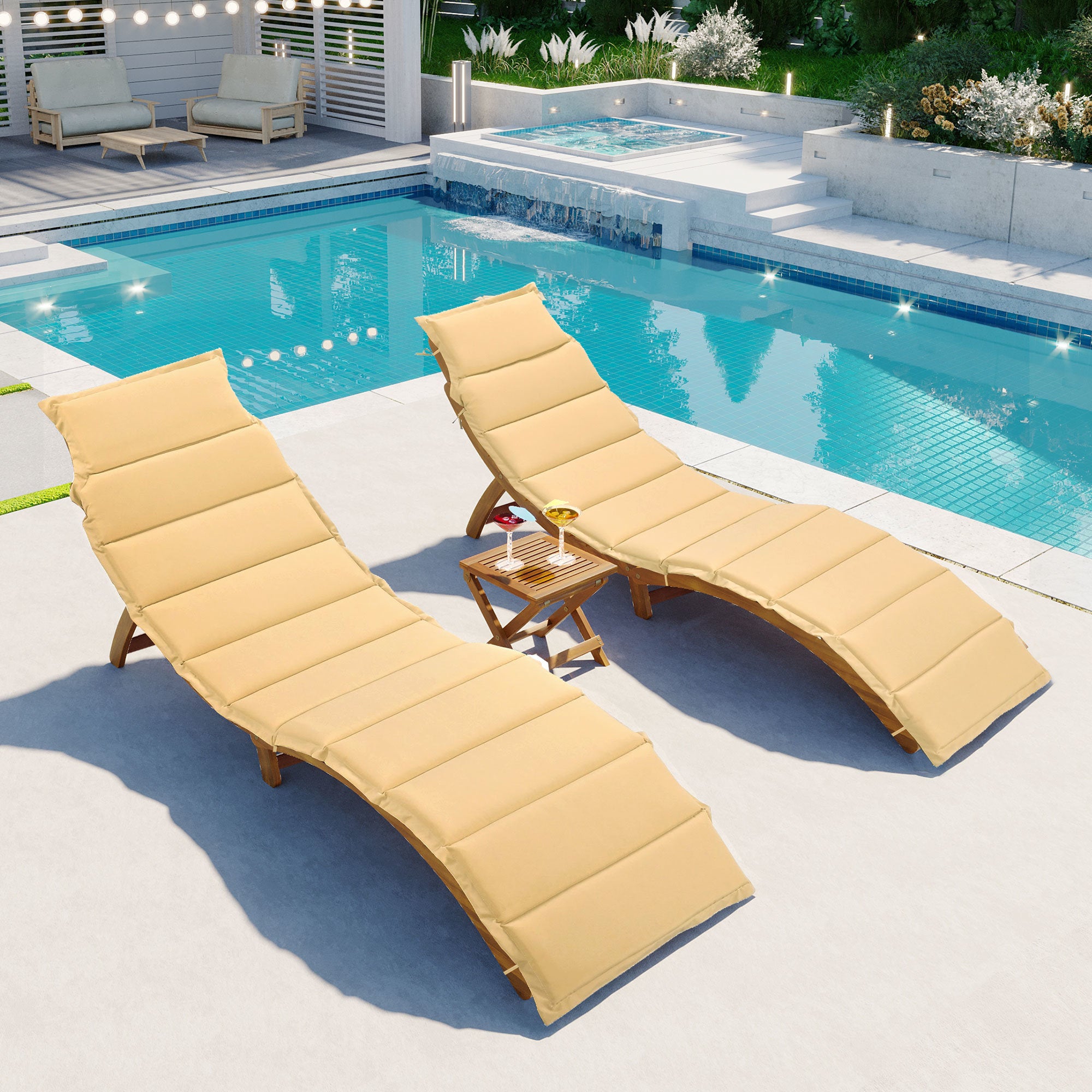 Outdoor Patio Wood Portable Extended Chaise Lounge Set with Foldable Tea Table for Balcony, Poolside, Garden