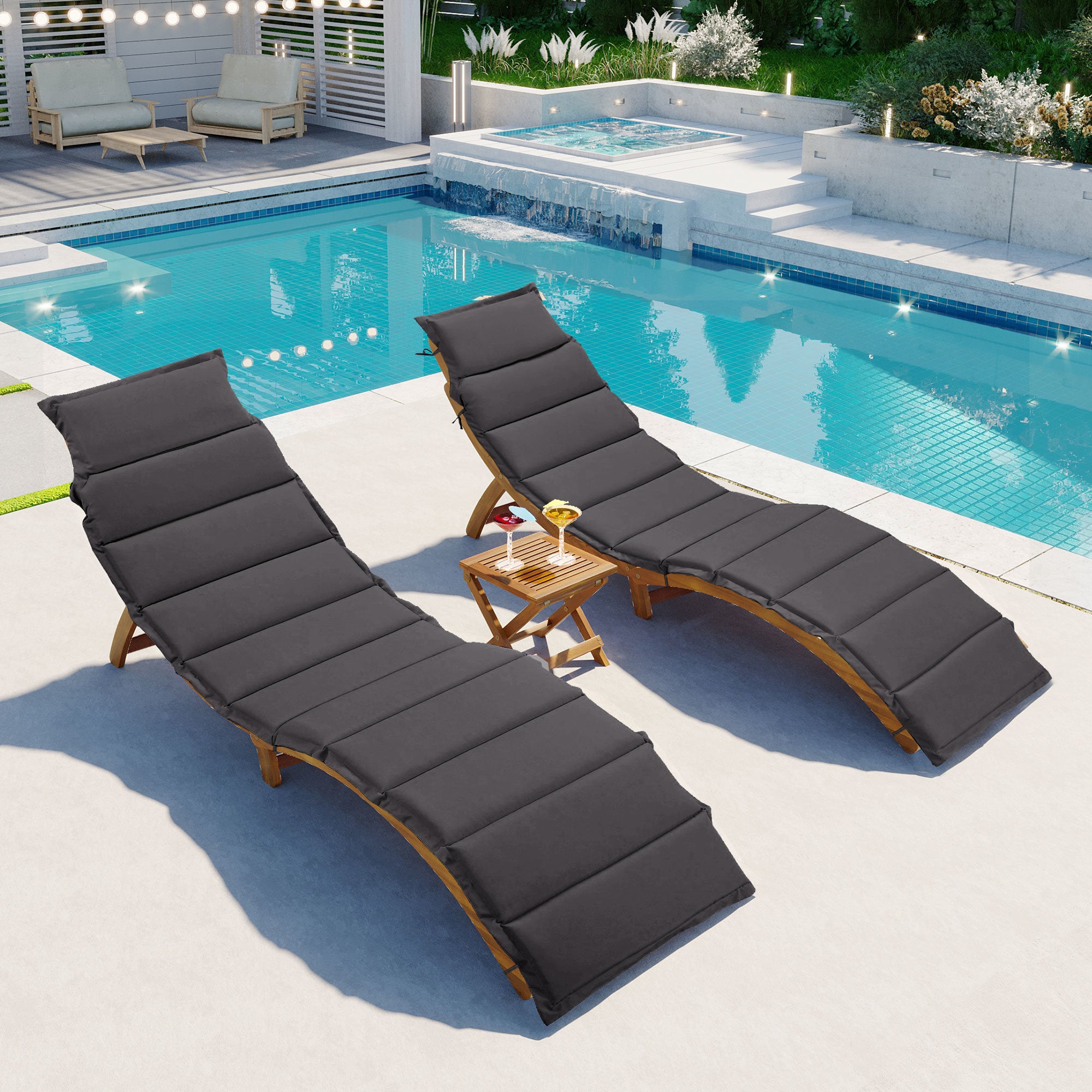 Outdoor Patio Wood Portable Extended Chaise Lounge Set with Foldable Tea Table for Balcony, Poolside, Garden