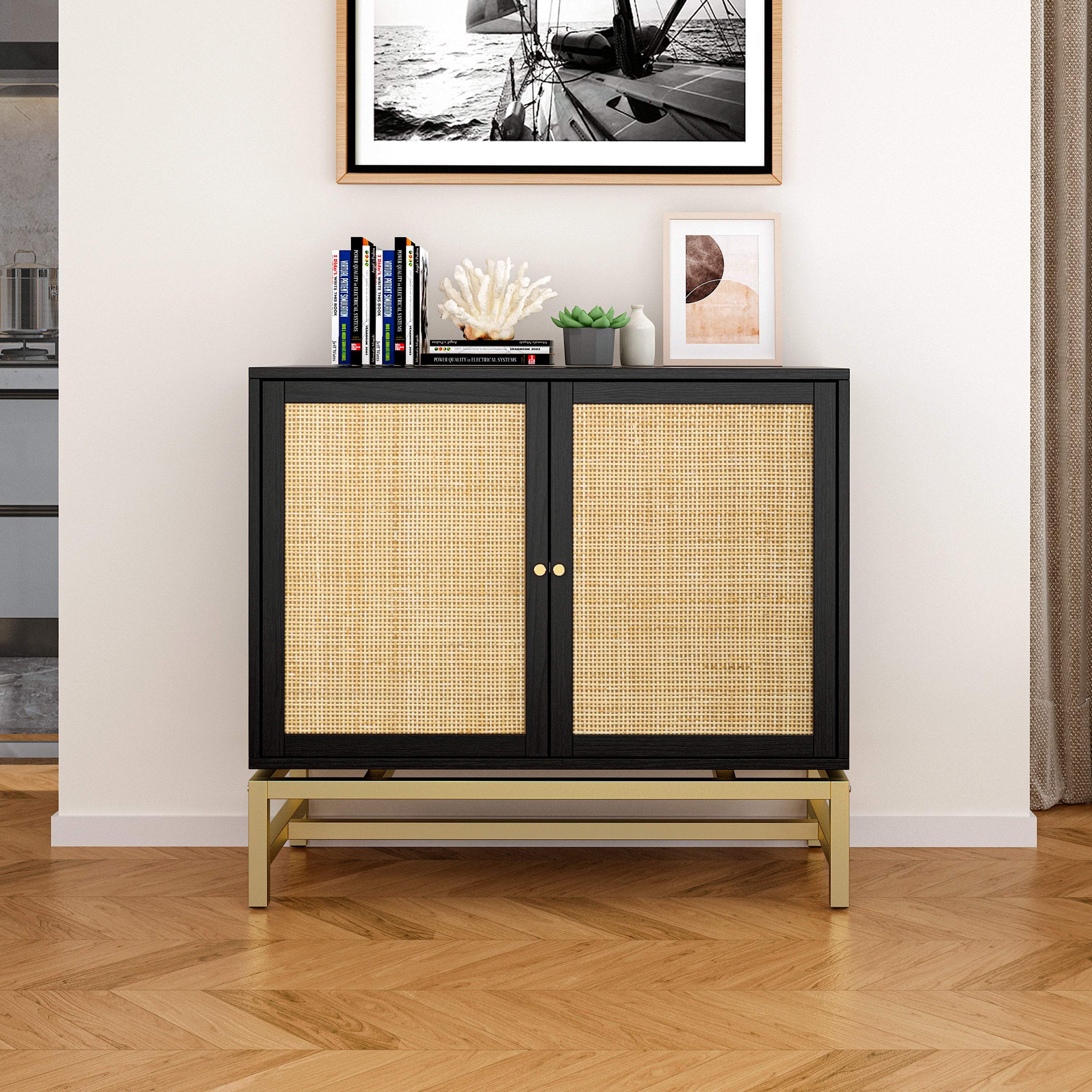 Natural rattan 2 door cabinet with 1 Adjustable Inner Shelves rattan Accent Storage Cabinet