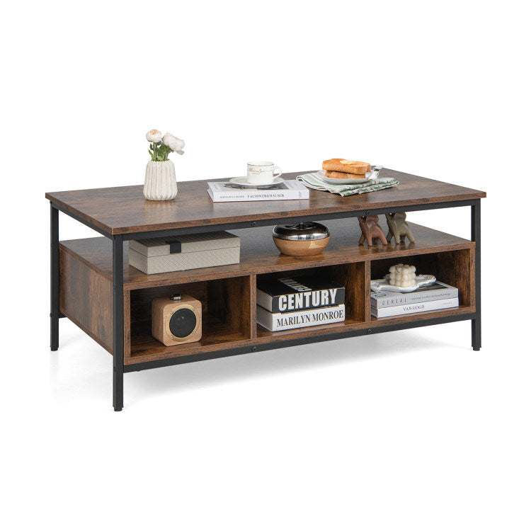 3-Tier Industrial Style Coffee Table with Storage and Heavy-duty Metal Frame