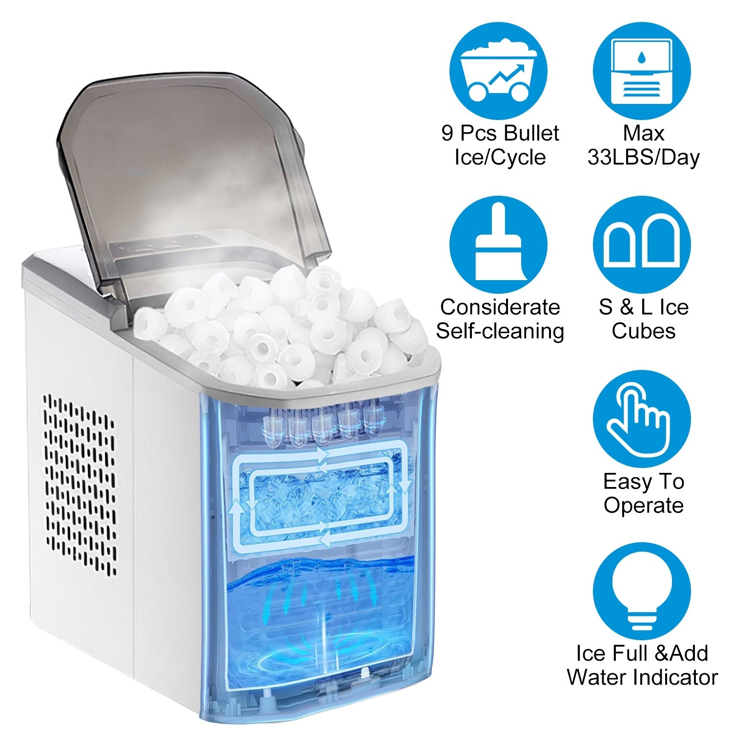 Electric Countertop Ice Maker with Ice Scoop Basket Self-cleaning Max 33LBS/24Hrs Ice Making Machine Bullet Ice Machine for Home Kitchen Office Party Bar RV