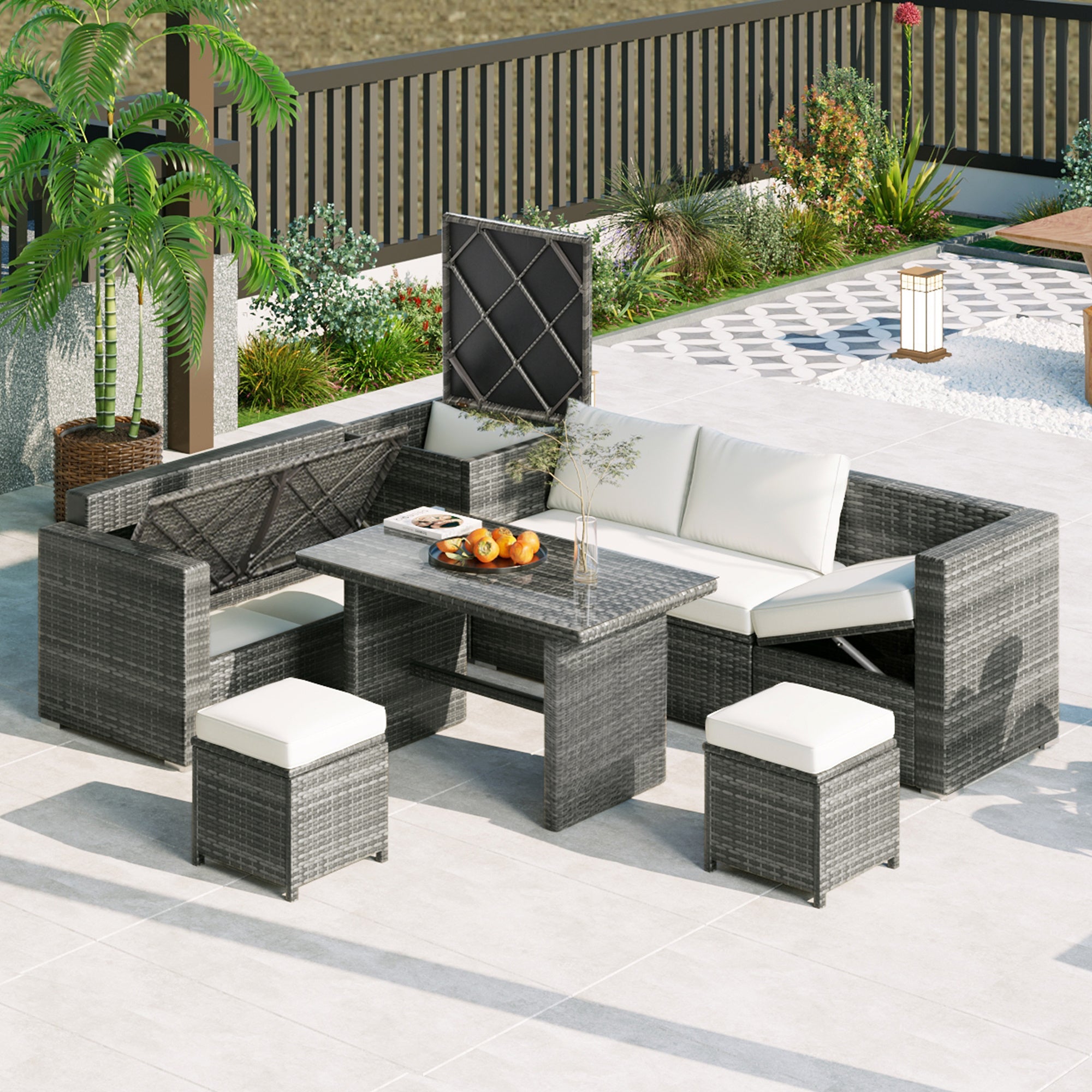 Outdoor 6-Piece All Weather PE Rattan Sofa Set, Garden Patio Wicker Sectional Furniture Set with Adjustable Seat, Storage Box, Removable Covers and Tempered Glass Top Table