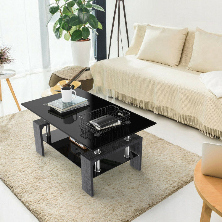 Rectangular Tempered Glass Coffee Table End Side Table with Shelf