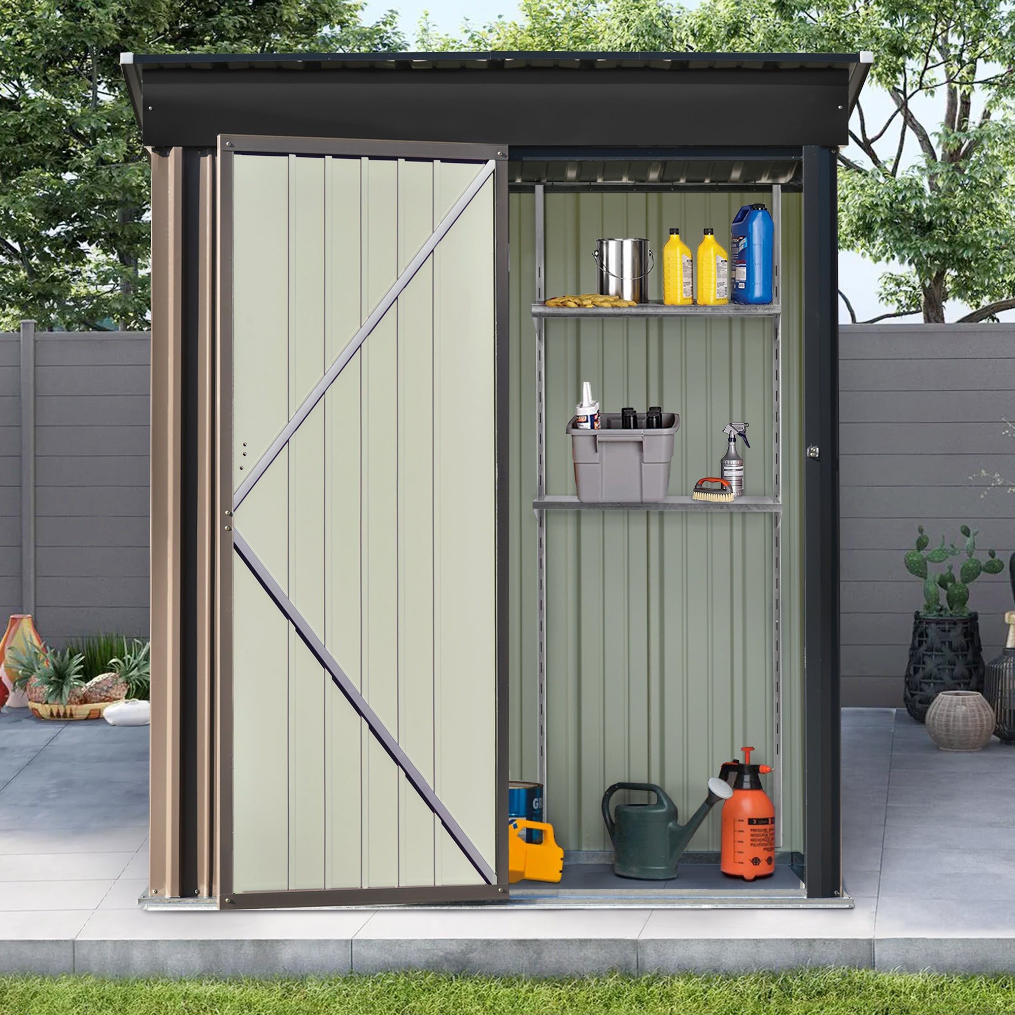 Patio 5ft Wx3ft. L Garden Shed, Metal Lean-to Storage Shed with Adjustable Shelf and Lockable Door, Tool Cabinet for Backyard, Lawn, Garden