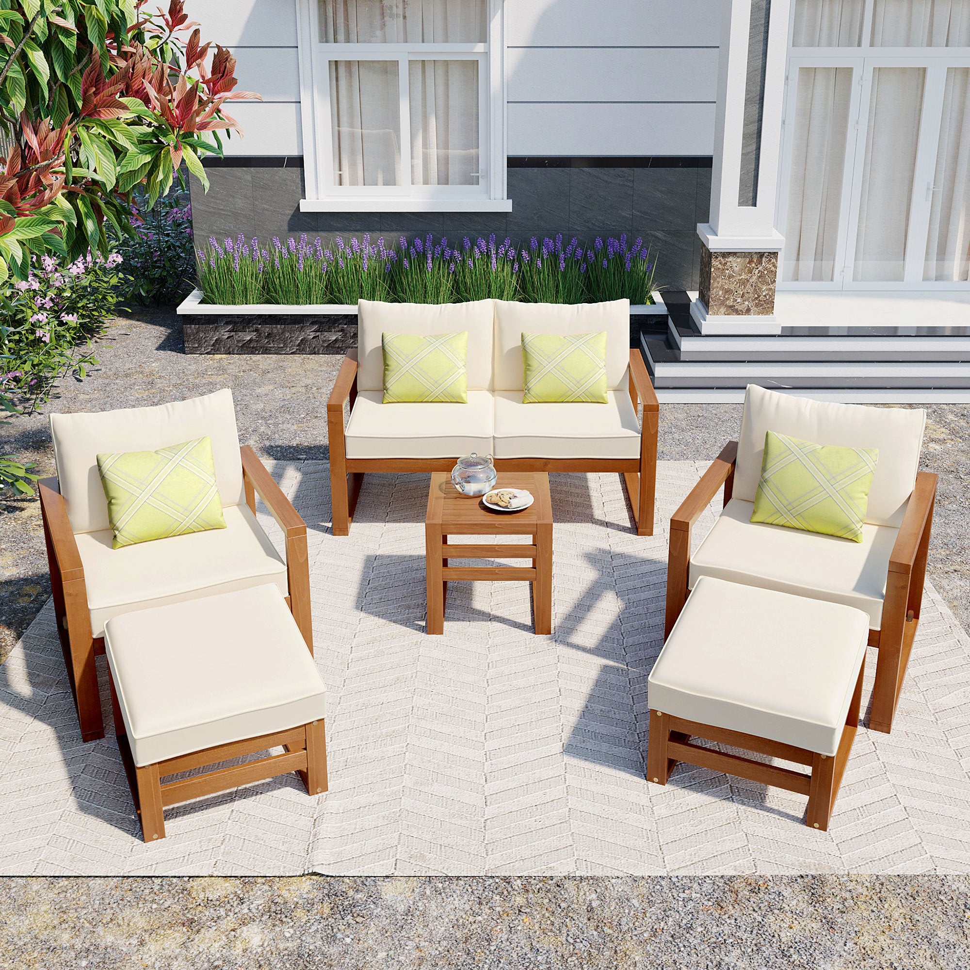 Outdoor Patio Wood 6-Piece Conversation Set, Sectional Garden Seating Groups Chat Set with Ottomans and Cushions for Backyard, Poolside, Balcony