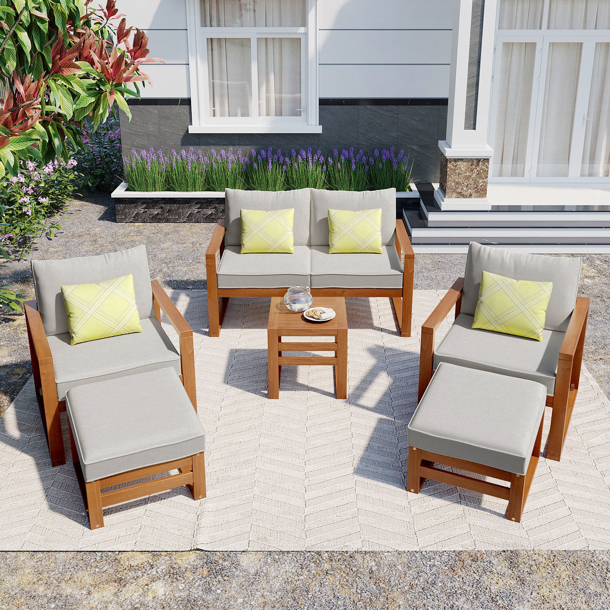 Outdoor Patio Wood 6-Piece Conversation Set, Sectional Garden Seating Groups Chat Set with Ottomans and Cushions for Backyard, Poolside, Balcony