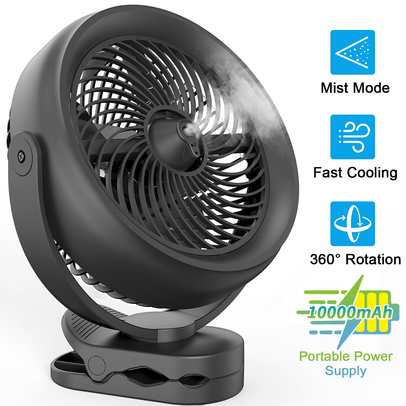 10000mAh Battery Operated Misting Fan with Clip, 8-Inch Mist Fan for Desk, Detachable Battery, 3 Speeds, 2 Mist Modes with 200ml Tank, 48 Hours Working Time for Home Stroller Office and Outdoor
