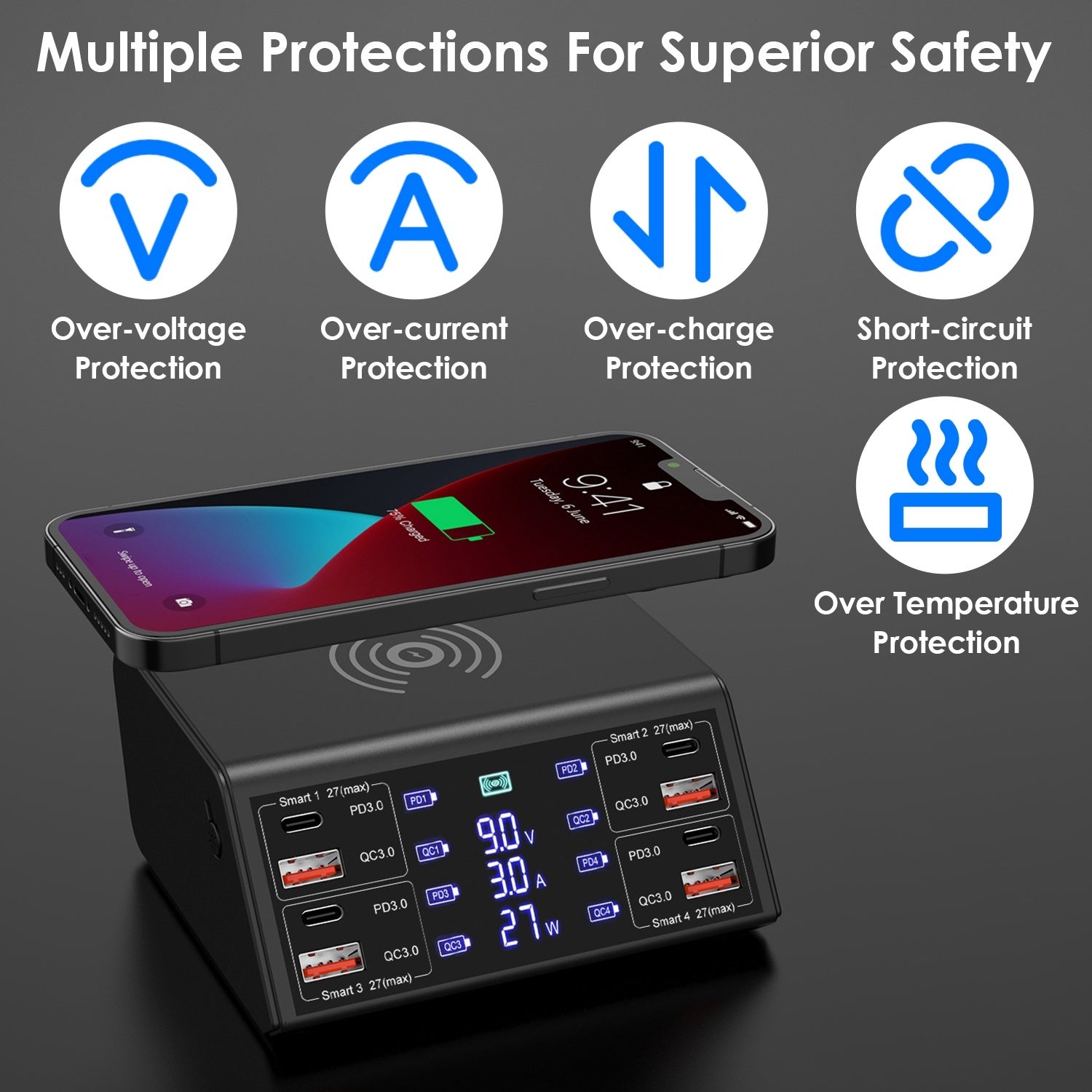 100W USB Charging Station 8 Ports Charging Station Hub PD 27W Quick Charger Wireless Charging Station Fit for iPhone 14 13 12 11 iPad Samsung