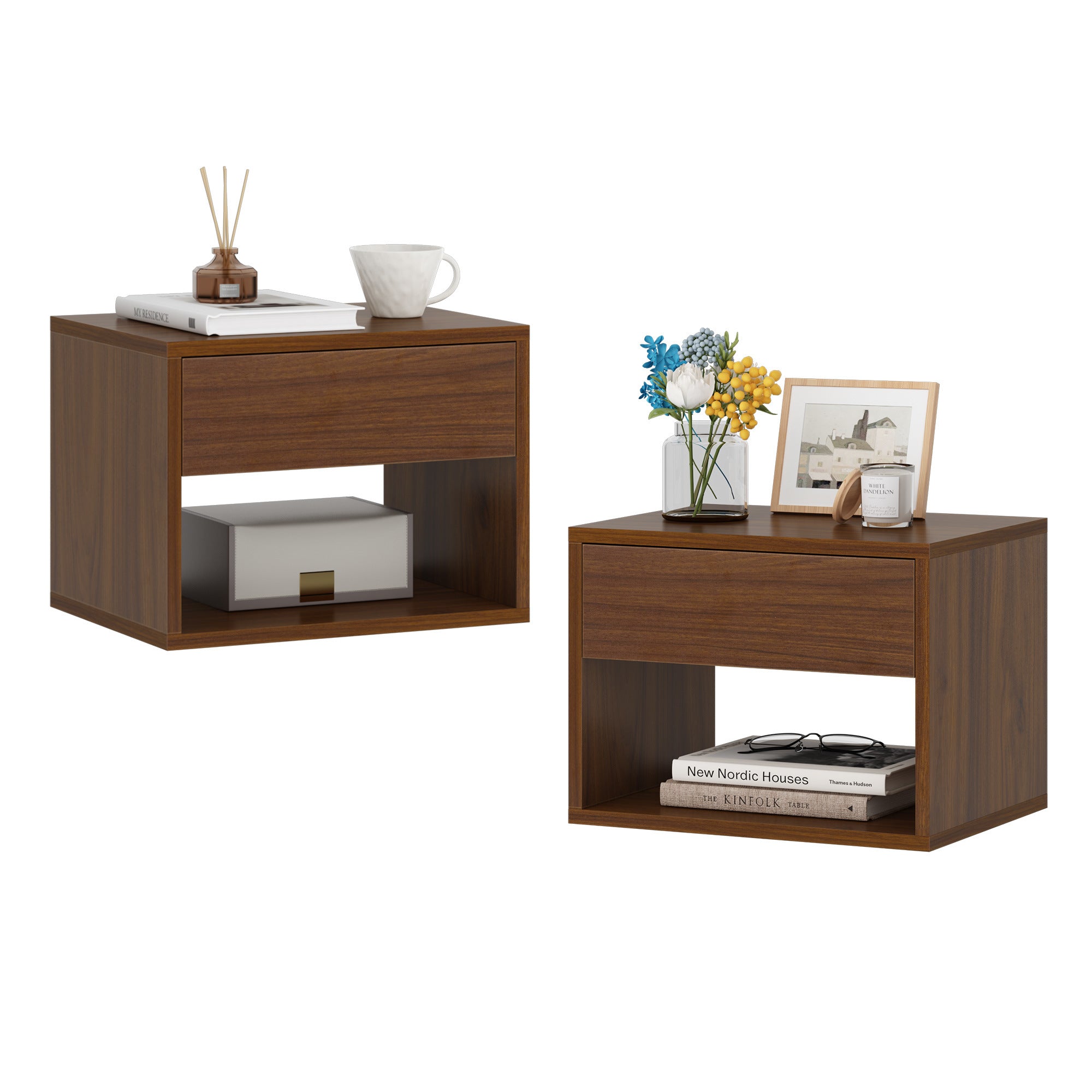 Wall mounted bedside table double set - Walnut