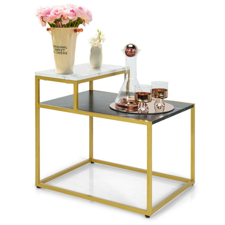 2-Tier Side Table with Metal Frame and Marble Finish Tabletop for Living Room