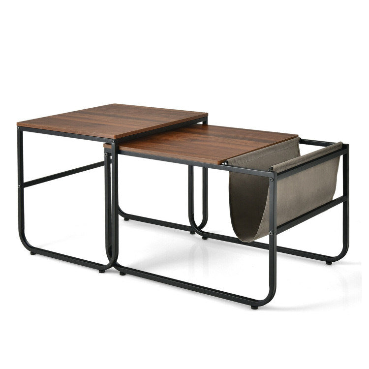 Set of 2 Nesting Coffee Tables with Side Pocket for Living Room Bedroom