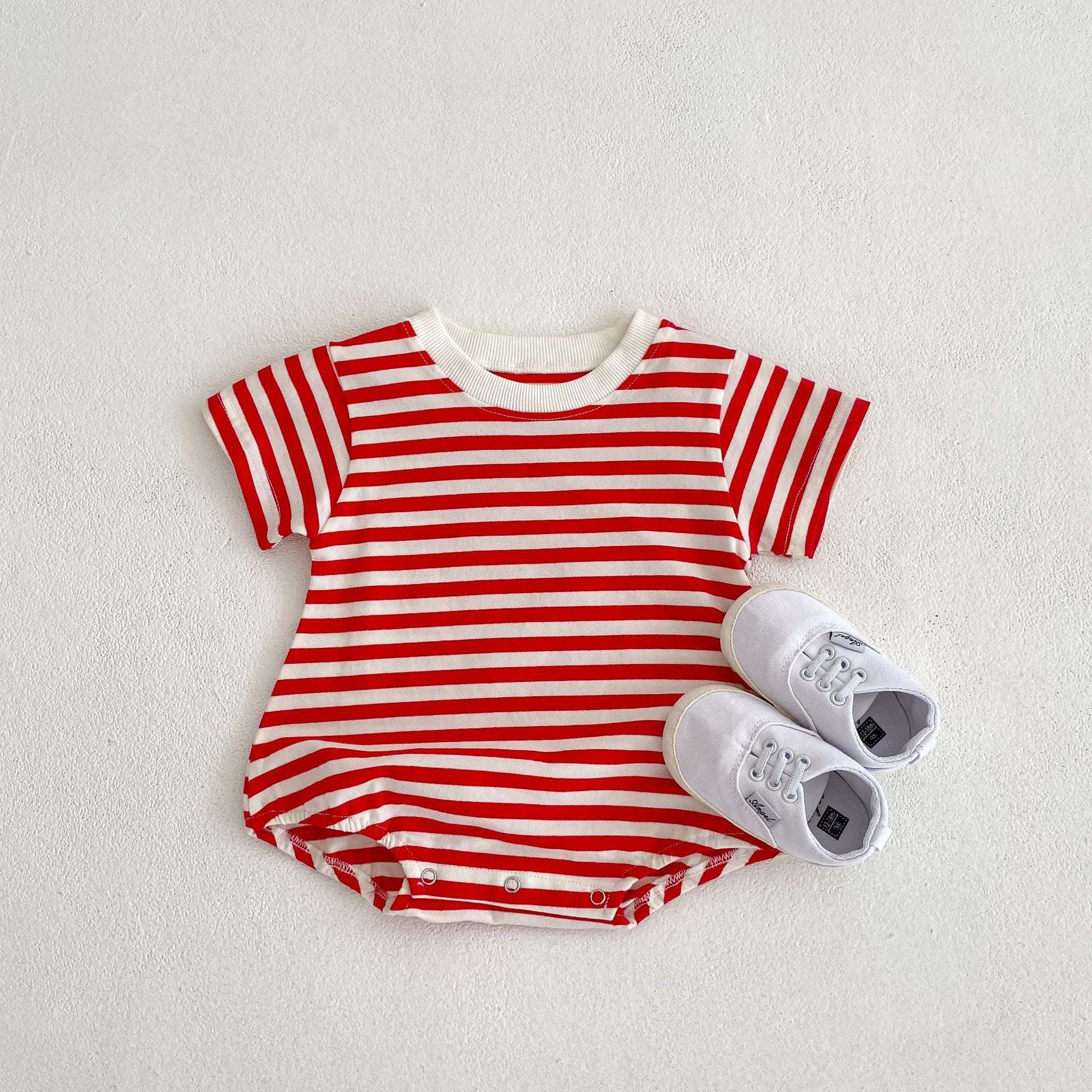 Baby Girl Striped Pattern Short Sleeve Crewneck Summer Onesies