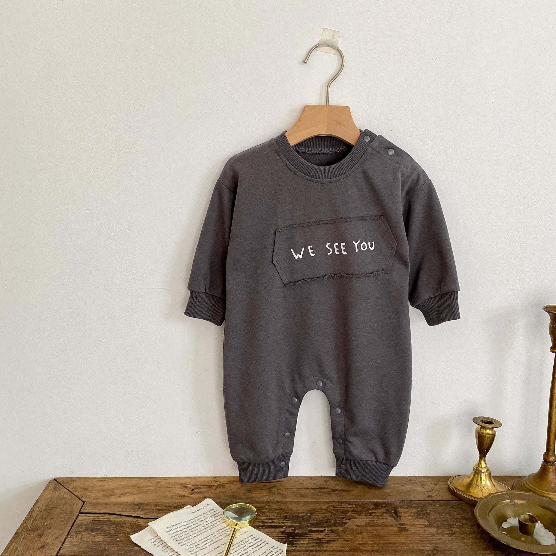 Baby Girl Solid Color Letter Print Graphic Long Sleeve Cotton Romper