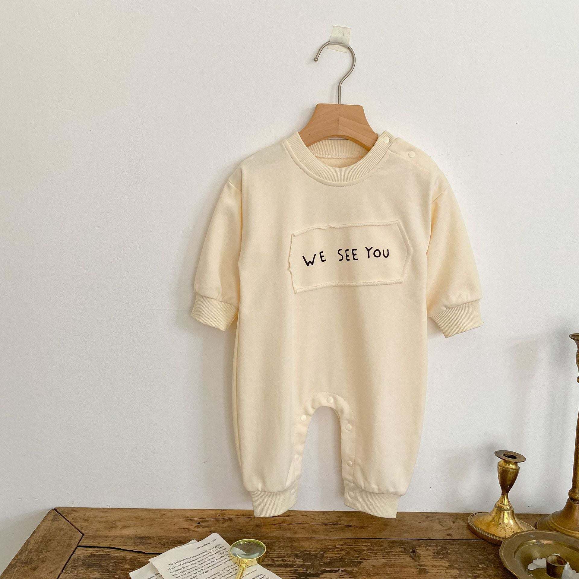 Baby Girl Solid Color Letter Print Graphic Long Sleeve Cotton Romper