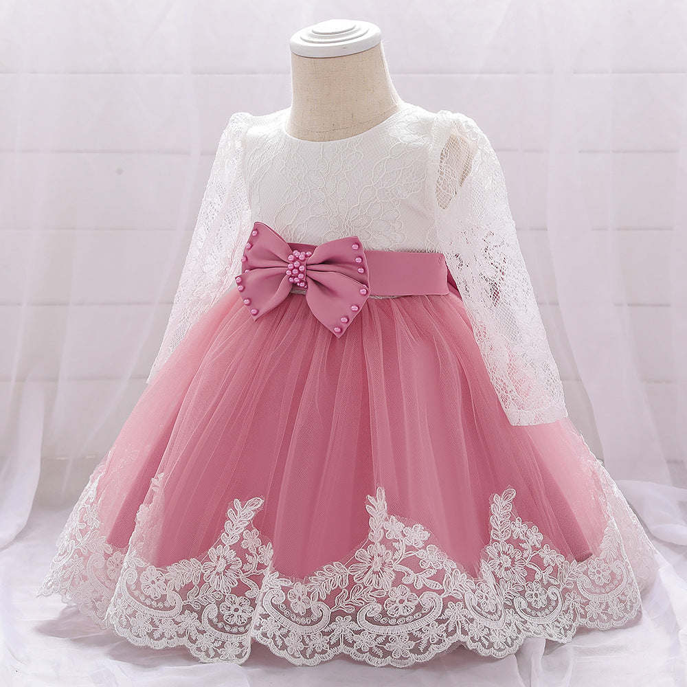 Baby Girl Bow Patched Design Long Sleeves Full Moon Christening Mesh Formal Dress