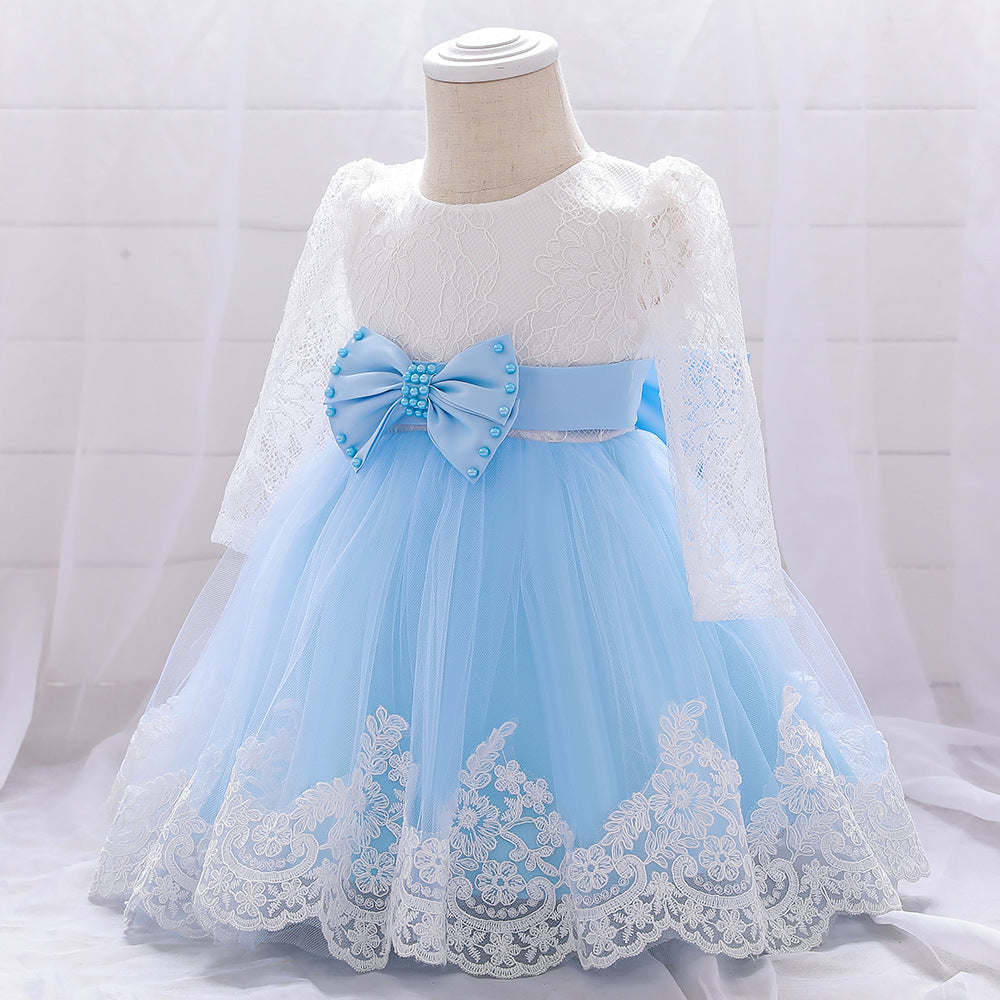 Baby Girl Bow Patched Design Long Sleeves Full Moon Christening Mesh Formal Dress