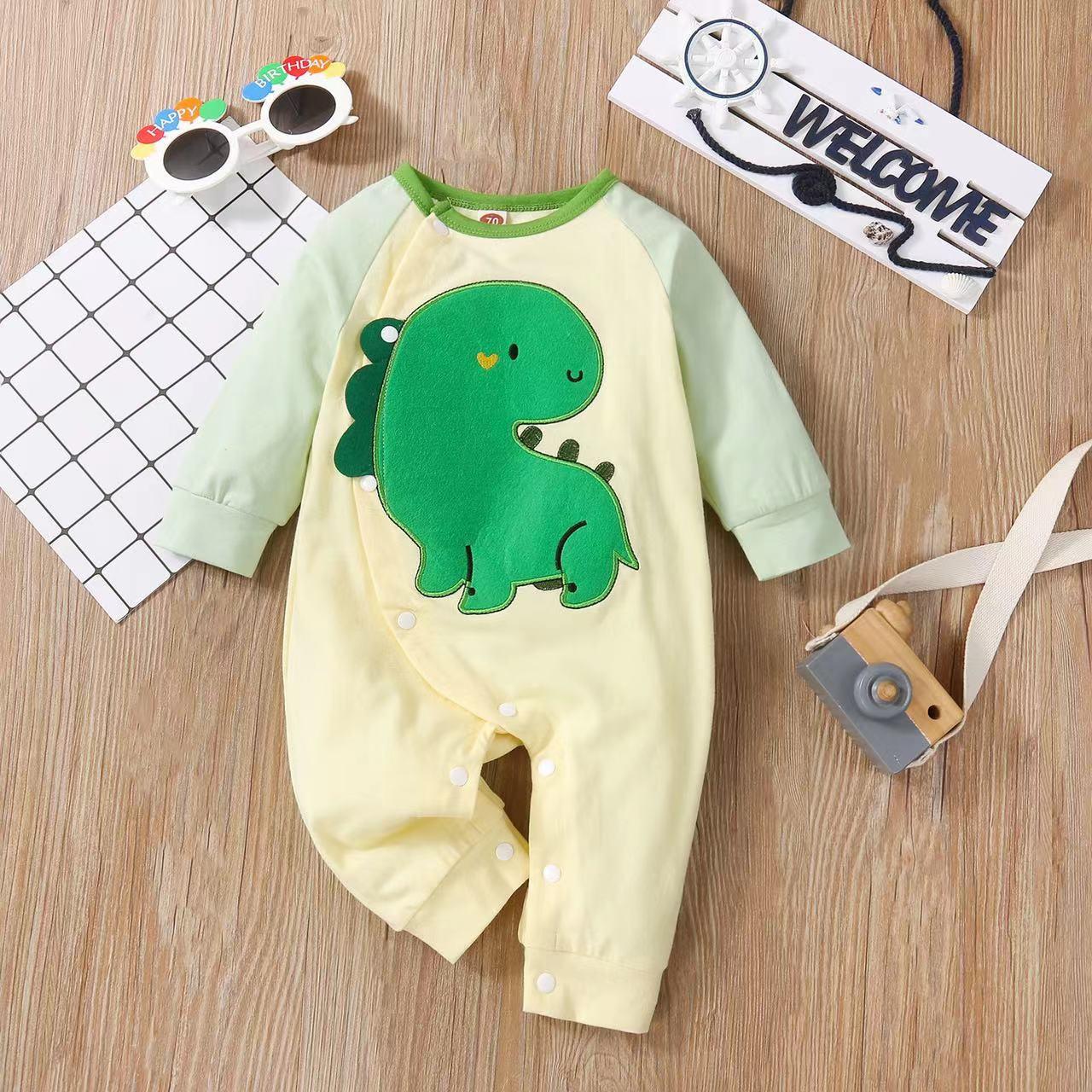 Baby Boy Cartoon Dinosaur Embroidered Pattern Contrast Design Side Button Rompers