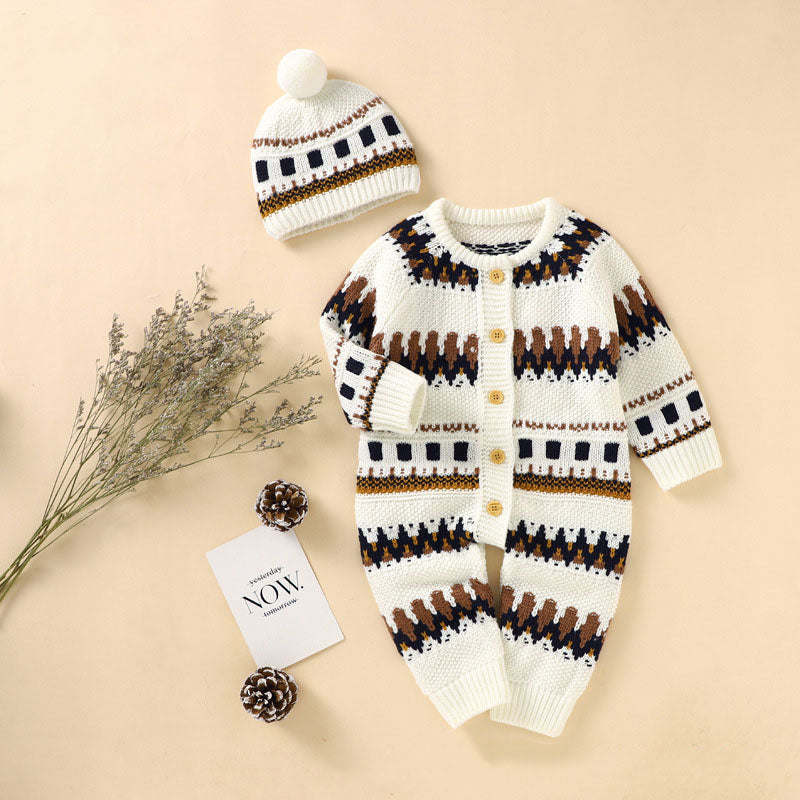 Baby Embroidered Pattern Contrast Design Vintage Style Warm Knitting Romper With Hat