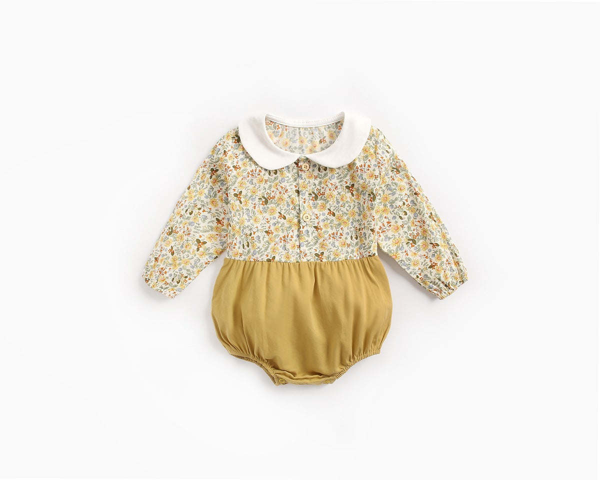 Baby Girl Floral Print Pattern Color Blocking Design Long Sleeve Round Neck Onesies
