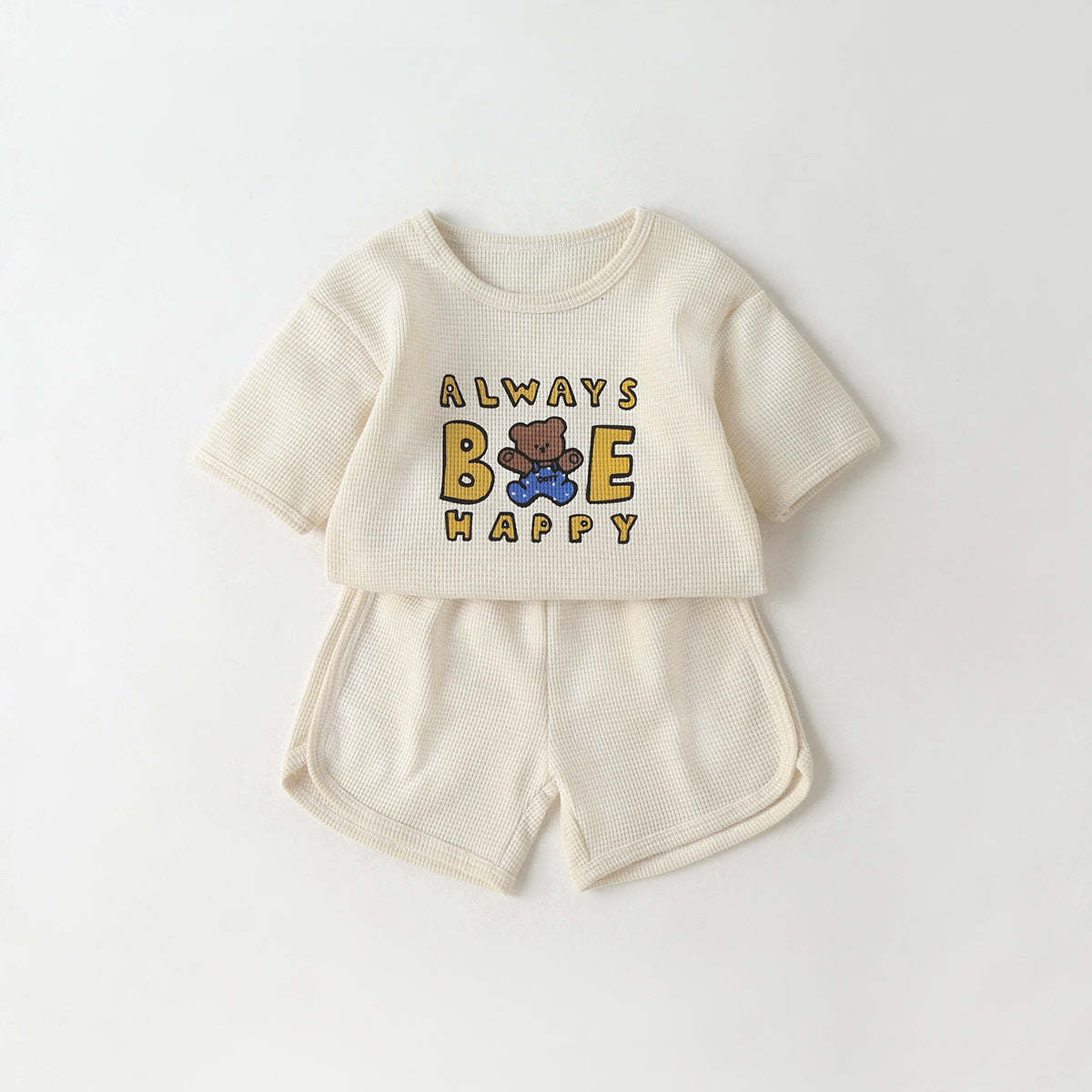 Baby Cartoon Bear & Slogan Pattern Waffle Fabric Tops Combo Solid Shorts 1-Piece Sets