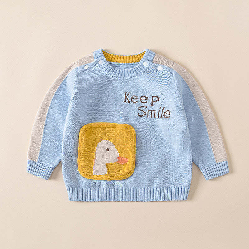 Baby Cartoon Duck Graphic Contrast Design Long Sleeved Cute Knitted Sweater