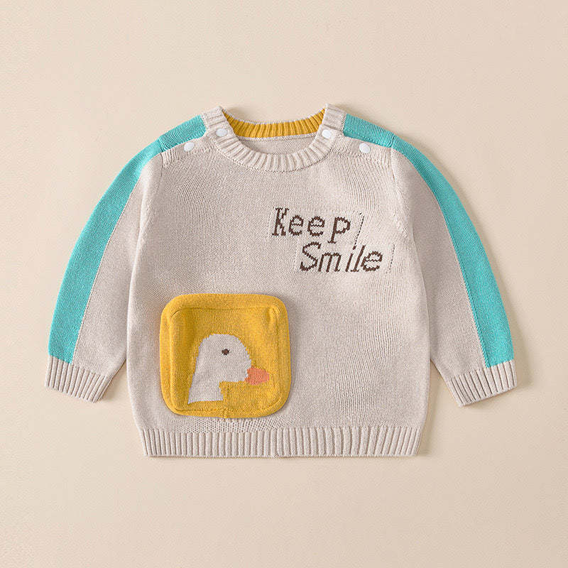 Baby Cartoon Duck Graphic Contrast Design Long Sleeved Cute Knitted Sweater