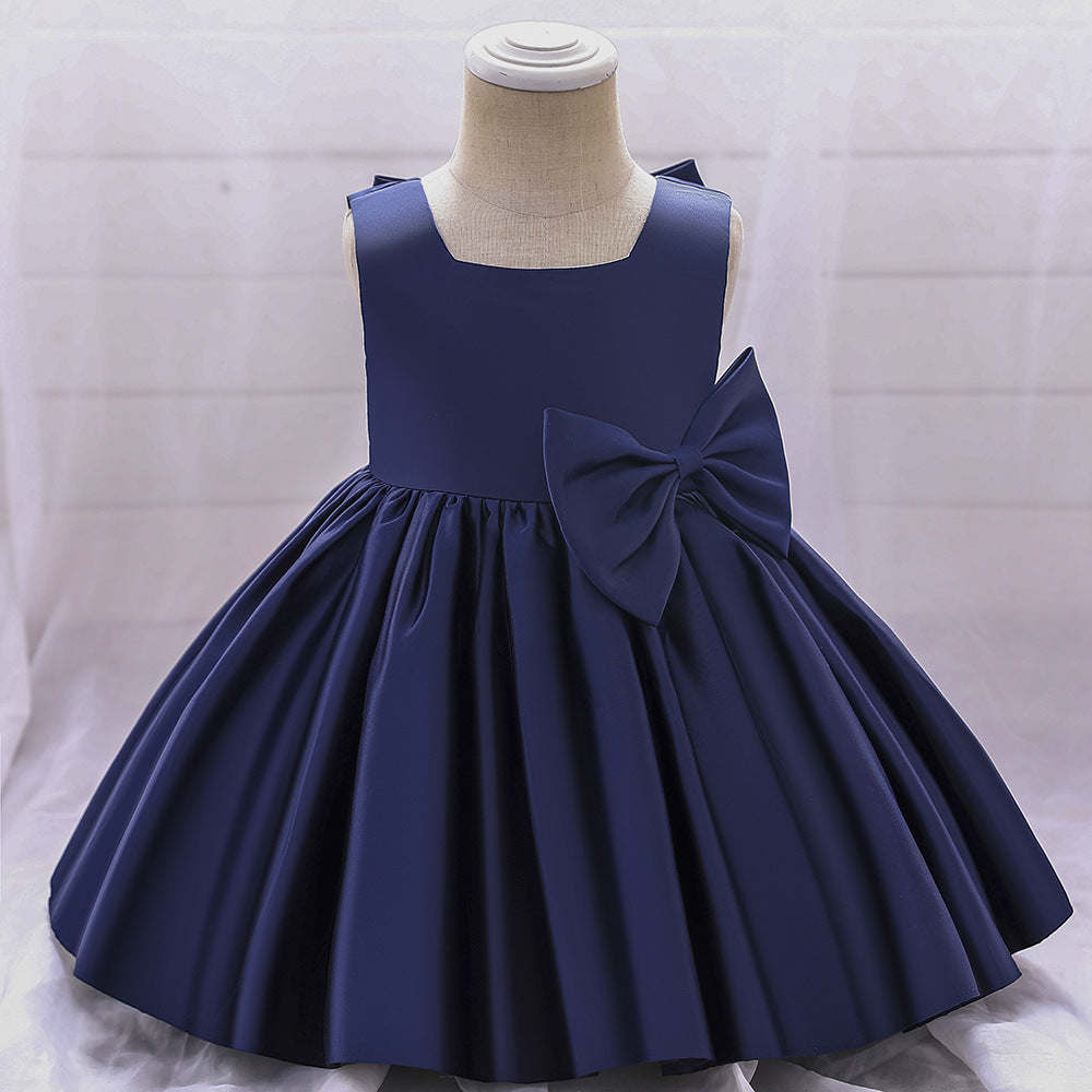Baby Girl Solid Color Bow Patched Design Sleeveless Western Style Satin Dress