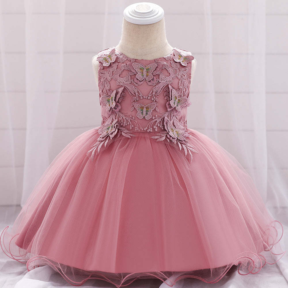 Baby Girl Butterfly Patched Graphic Sleeveless Western Style Baptism Birthday Dress